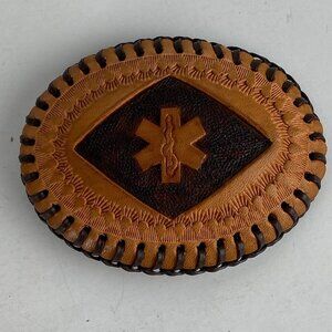 VTG Belt Buckle Master Leather Artist John Glassford Oval Tooled Medicine Symbol